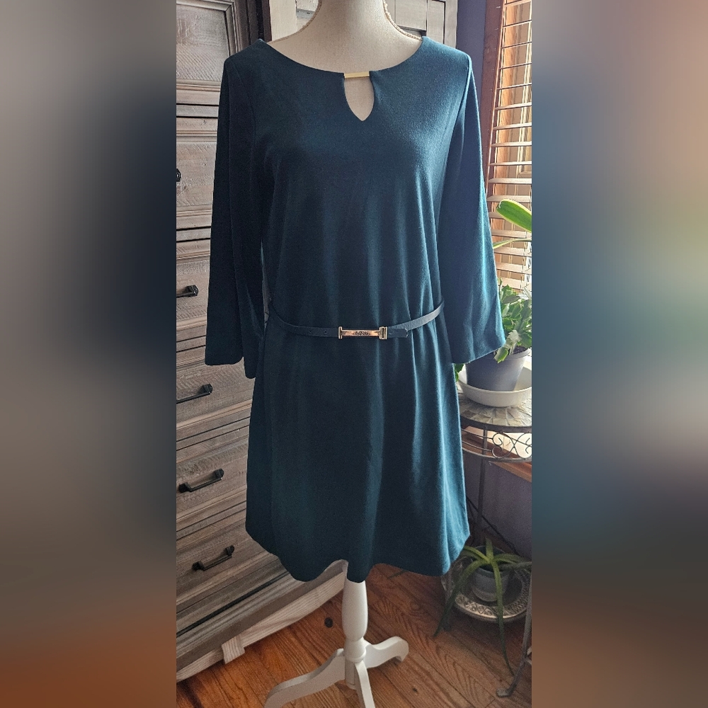 Sharagano Teal 3/4 Length Sleeve Dress with Belt & Gold Accents Sz 10